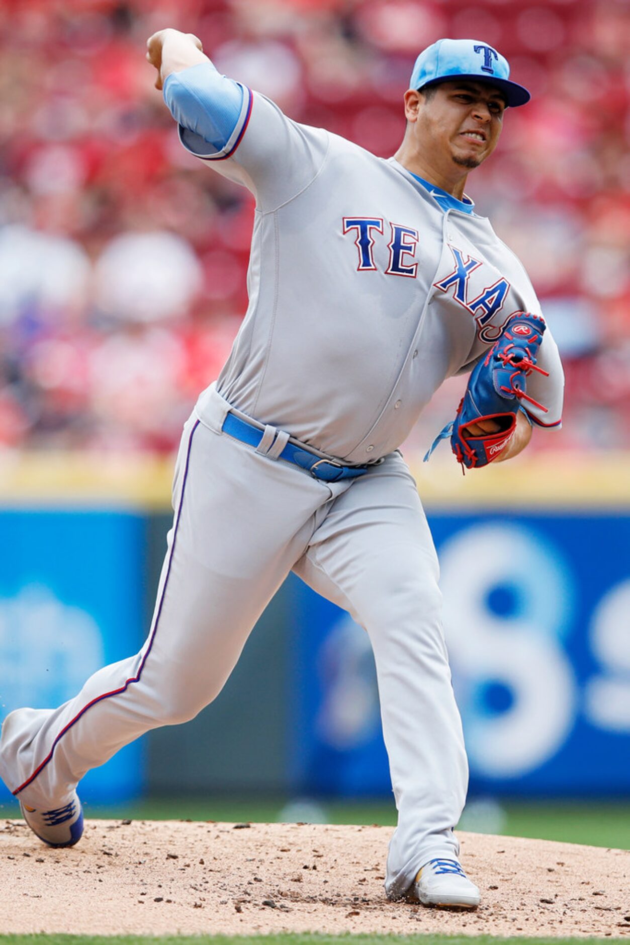 CINCINNATI, OH - JUNE 16: Ariel Jurado #57 of the Texas Rangers pitches in the first inning...