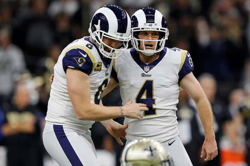 NEW ORLEANS - JAN. 20: Greg Zuerlein (4) of the LA Rams celebrates with Johnny Hekker (6)...