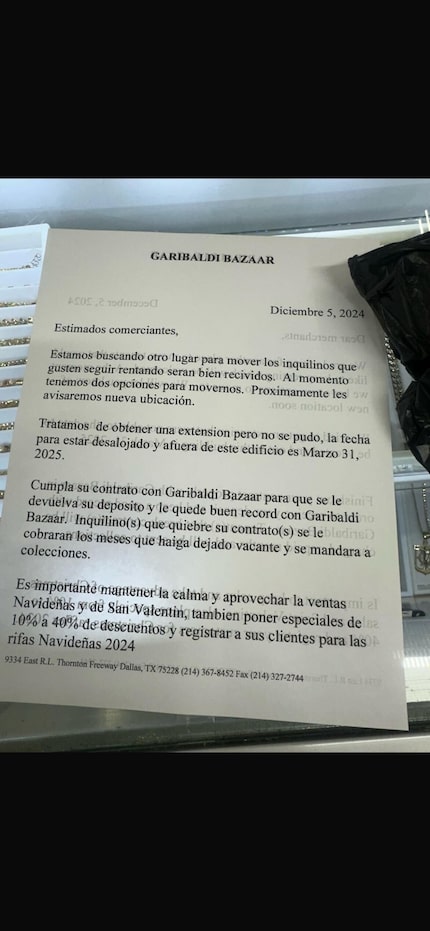 Carta que recibieron los locatarios del Garibaldi Bazaar.