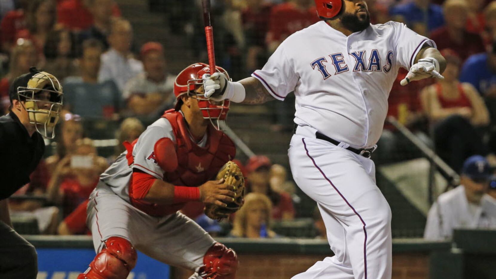 Texas Rangers designated hitter Prince Fielder (84) bats during the Los Angeles Angels vs....