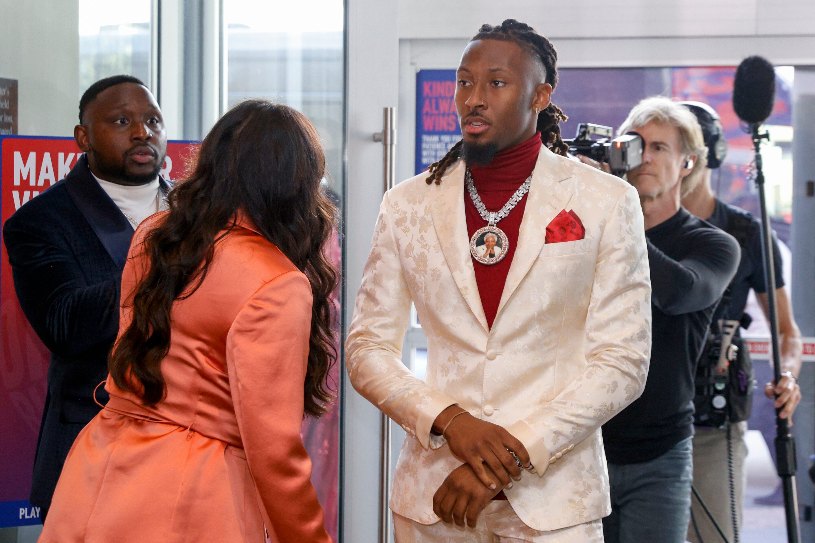 TCU wide receiver Quentin Johnston arrives on the red carpet before a 2023 NFL Draft party...