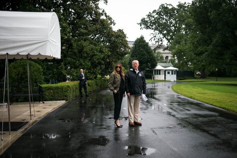 President Donald Trump and first lady Melania Trump, shown while headed to Marine One for...