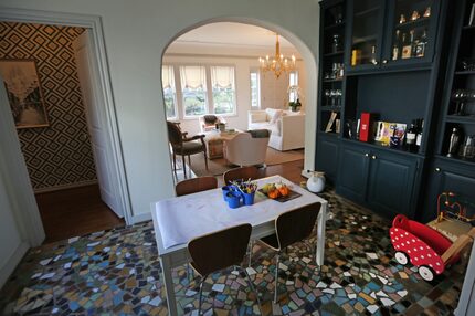 The floor of the children's art room shows original tile work at  6935 Lakeshore in Dallas.