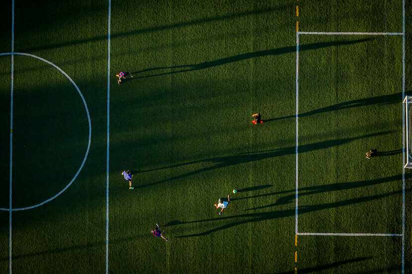 Bird's eye view of a recent adult league game at City Futsal in the Dallas Farmers Market. 