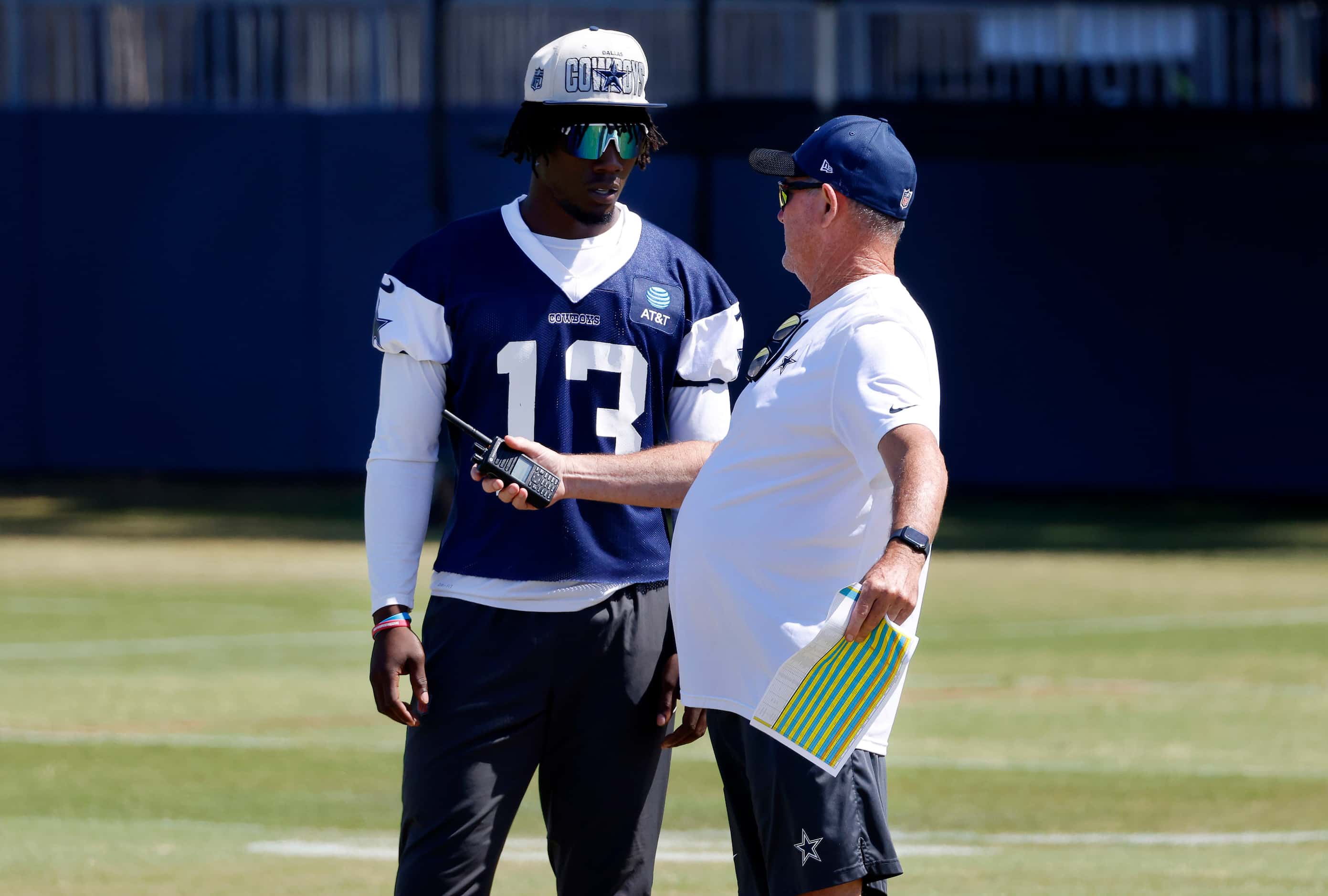 Dallas Cowboys defensive coordinator Mike Zimmer gives instruction to linebacker DeMarvion...