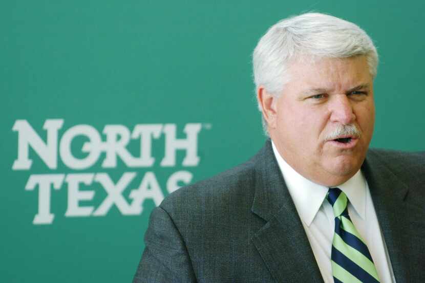 University of North Texas Director of Athletics Rick Villarreal speaks at a press conference...