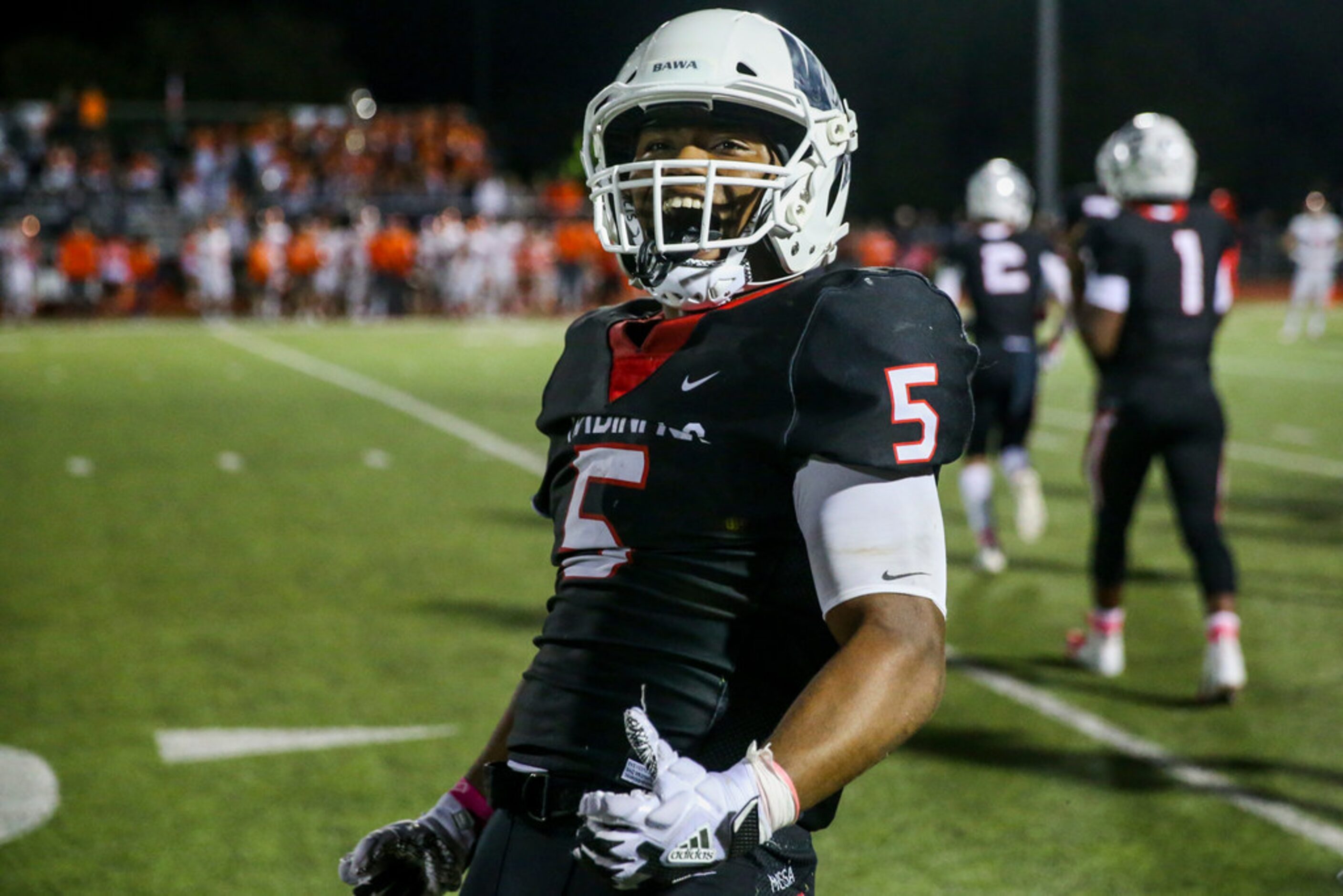 Melissa running back JaâBray Young (5) celebrates after their win against Celina on...