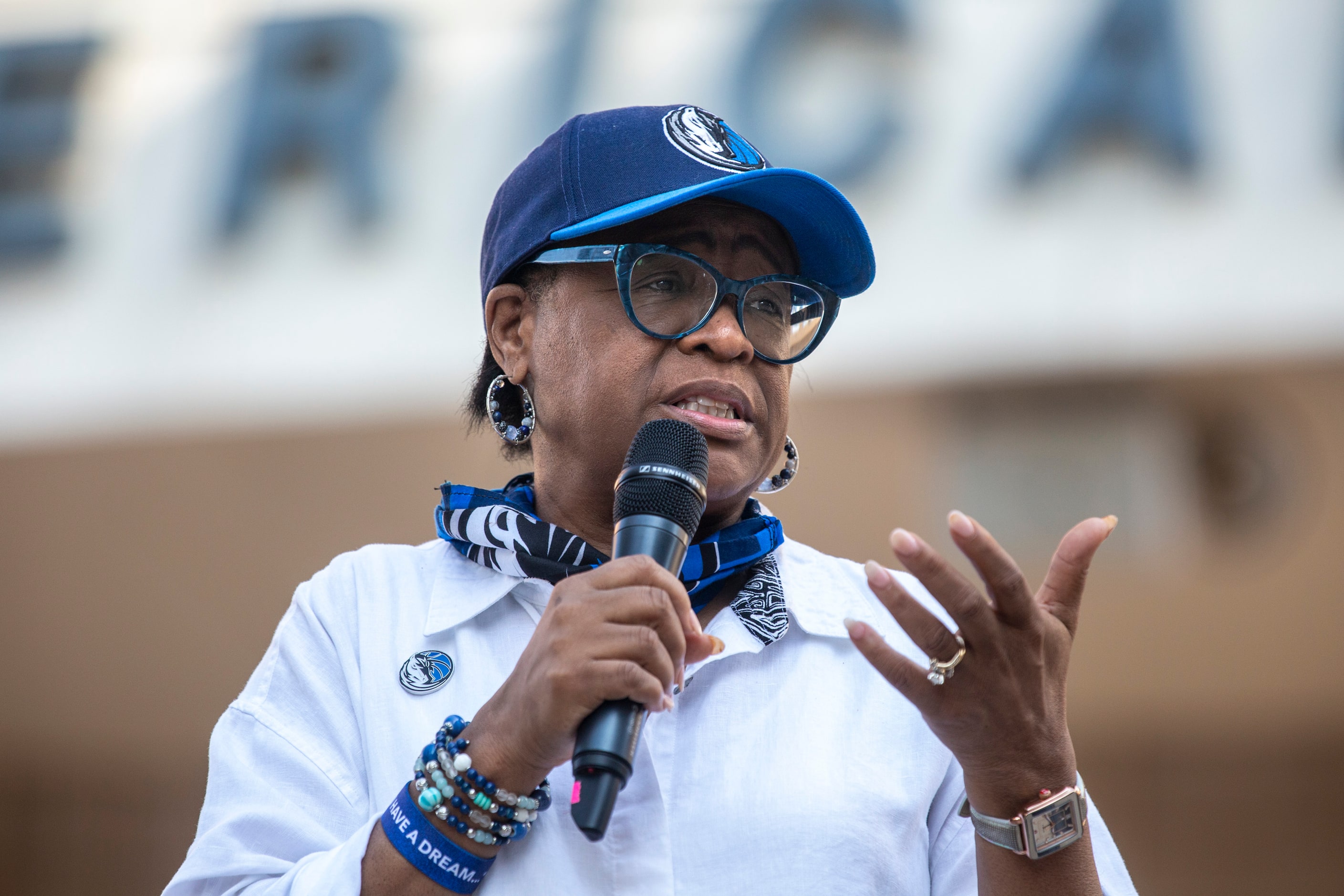 Dallas Mavericks CEO Cynt Marshall welcomes attendees during a Courageous Conversations...