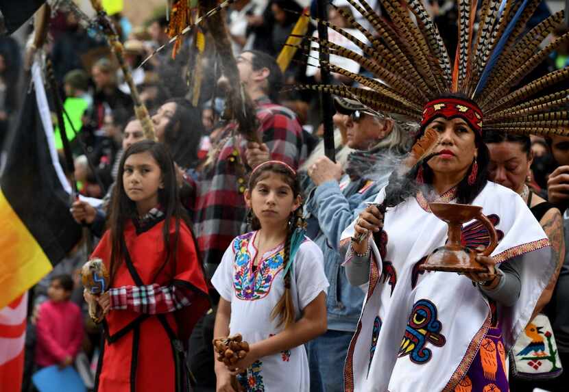 Native Americans led demonstrators In February as they marched in California in protest...
