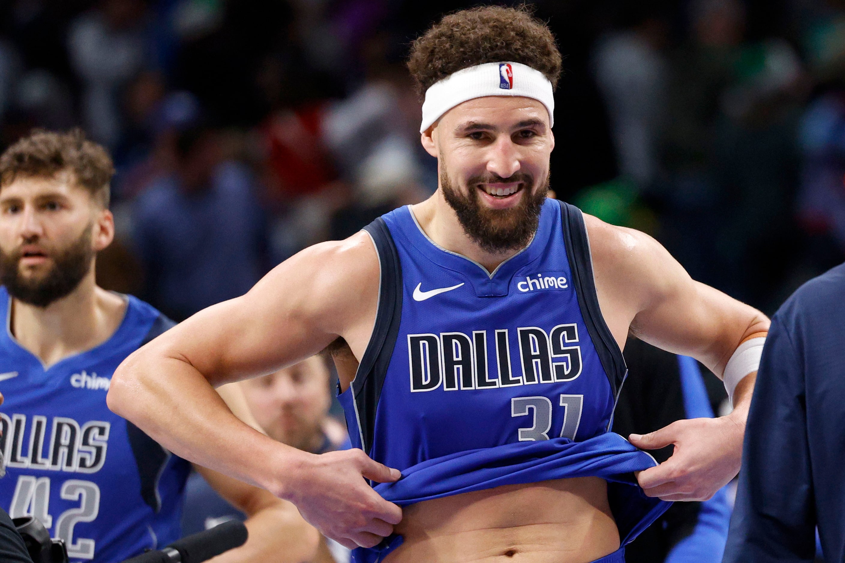 Dallas Mavericks guard Klay Thompson (31) smiles after an NBA basketball game against the...