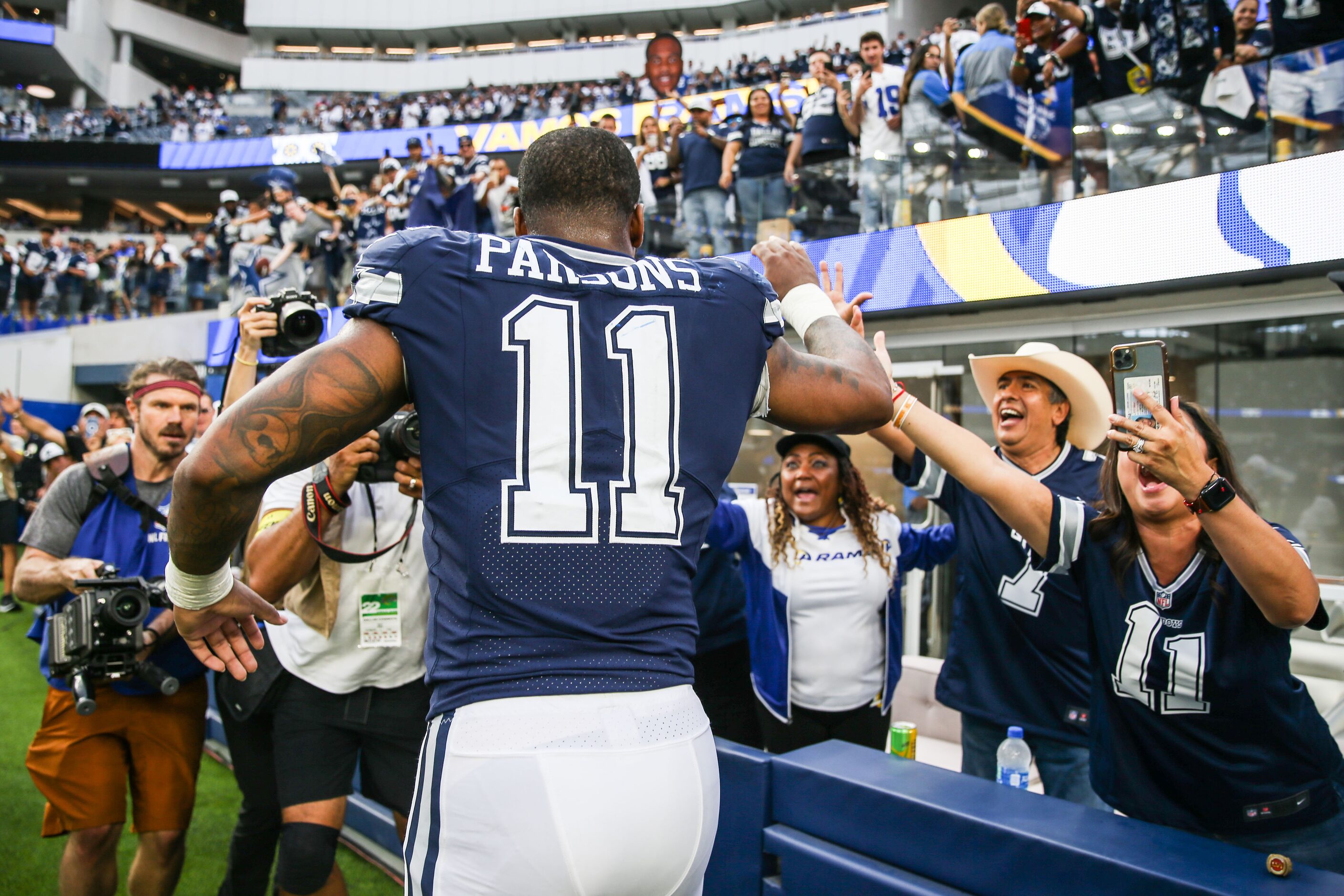 Dallas Cowboys linebacker Micah Parsons (11) celebrates after win the game against Los...