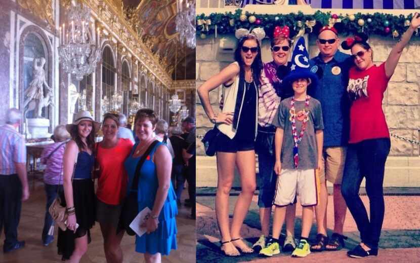 A collage of family vacation photos with Lindsay O'Donnell in Paris and Disney World.