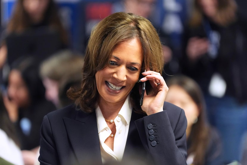 Democratic presidential nominee Vice President Kamala Harris phone banks with volunteers at...