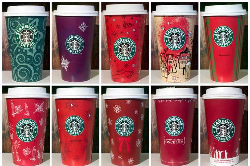 This photo combo shows Starbucks holiday cups from 1997 to 2017, minus 2007, from top row to...