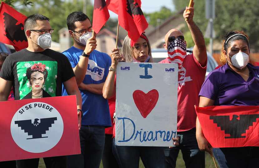 LUPE members and DACA recipients gather during a press conference on July, 6, 2022 in San...