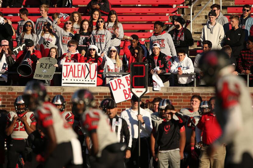 Mansfield Legacy fans react to a play in the third quarter during the Class 5A Division II...