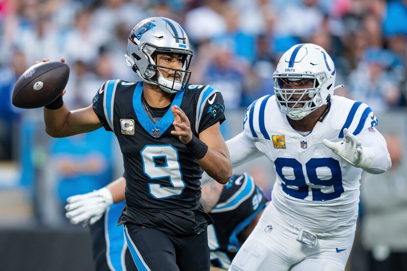 Indianapolis Colts defensive tackle DeForest Buckner (99) pressures Carolina Panthers...