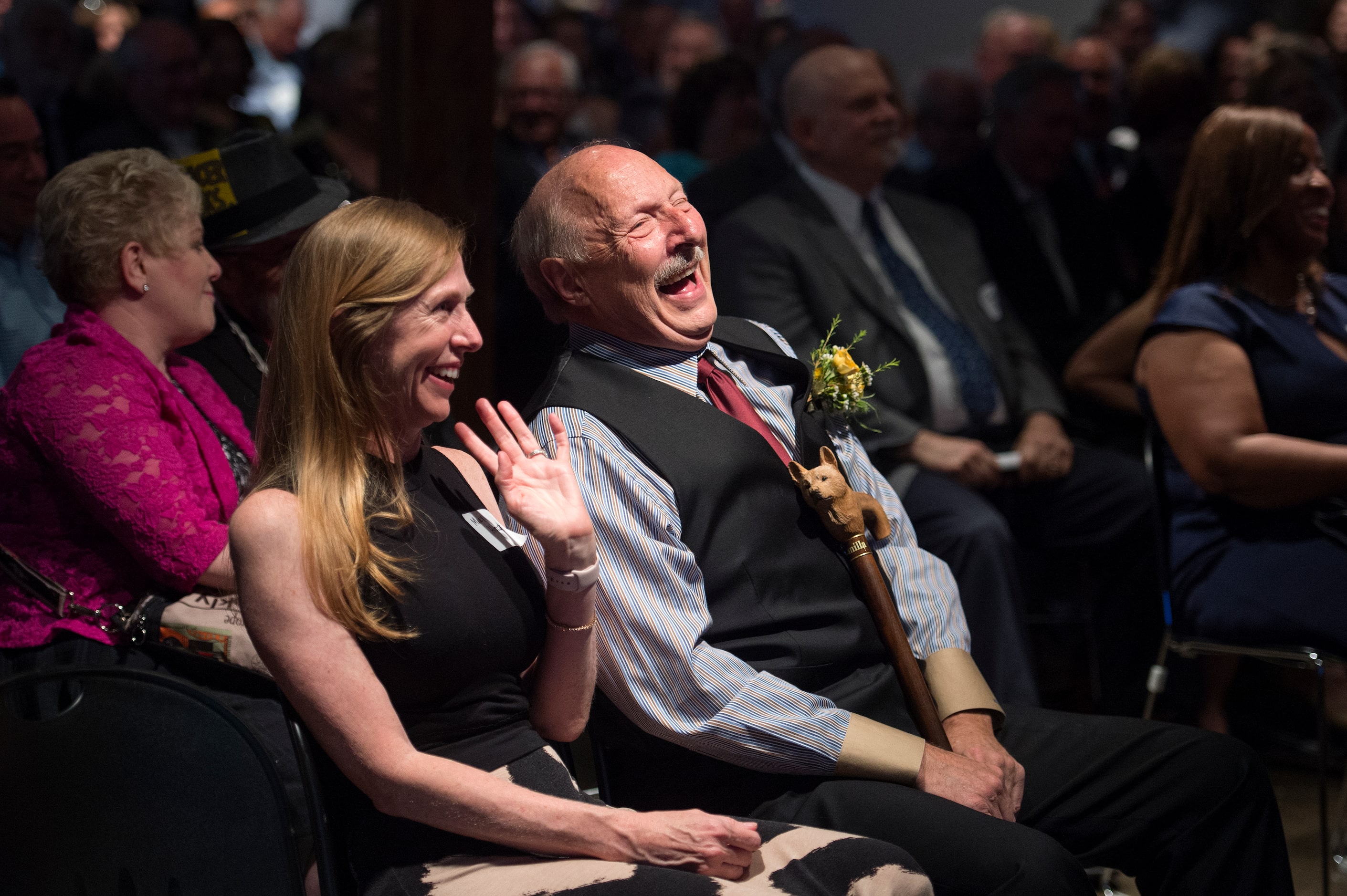 Dallas sports talk radio host Norm Hitzges and his wife Mary laugh during Dale Hansen's...