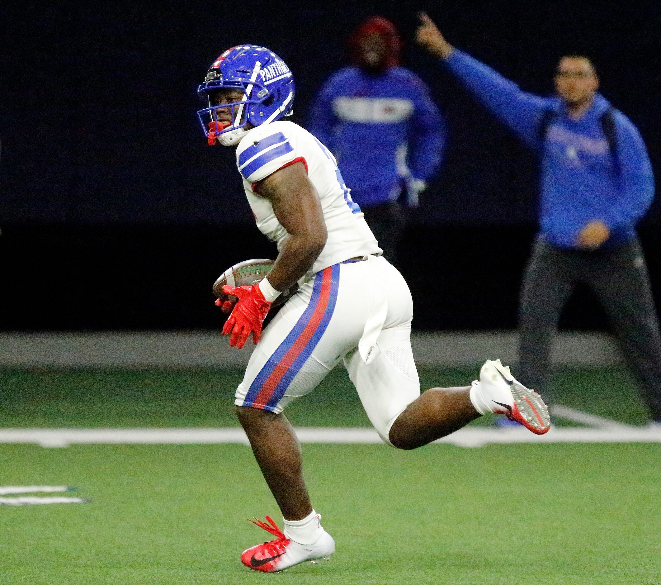 Duncanville High School linebacker Jordan Crook (2) returns an interception for a touchdown...