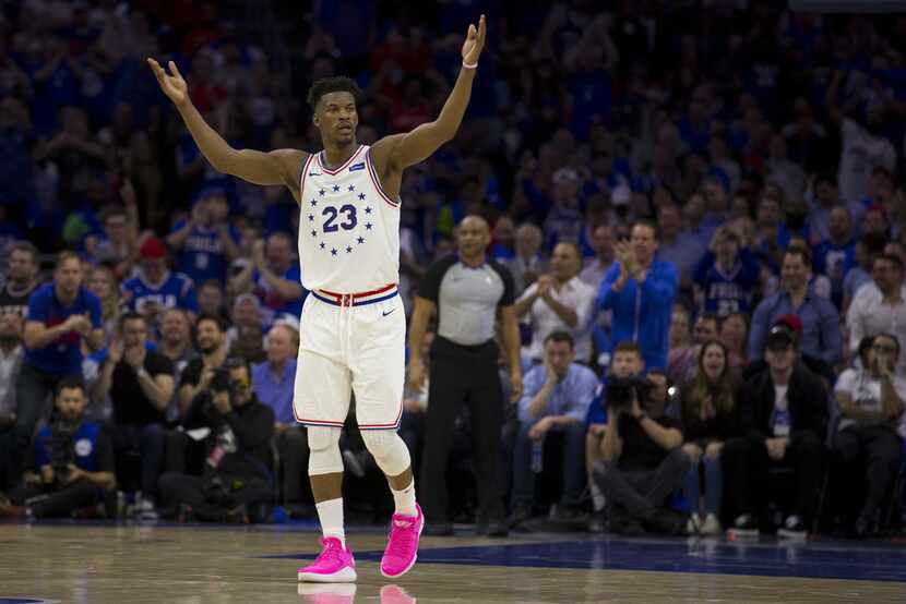 PHILADELPHIA, PA - MAY 02: Jimmy Butler #23 of the Philadelphia 76ers encourages the crowd...