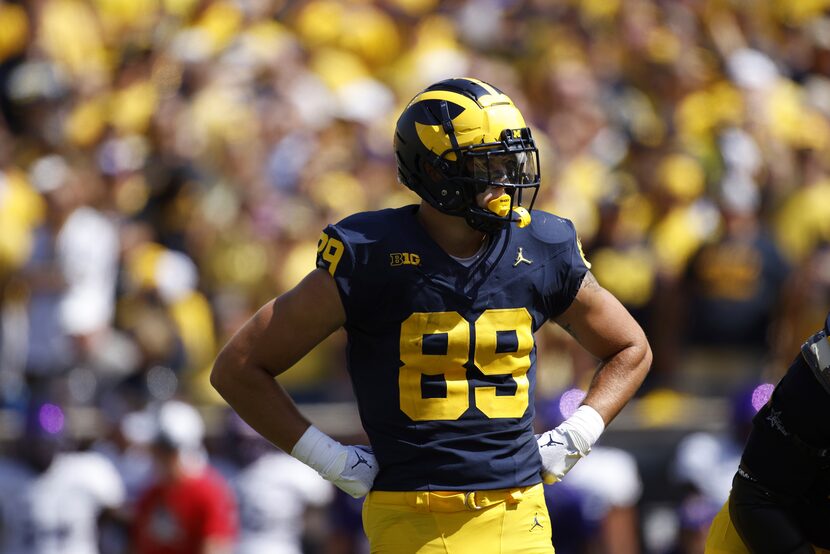 Michigan's AJ Barner plays during an NCAA football game on Saturday, Sept. 2, in Ann Arbor,...