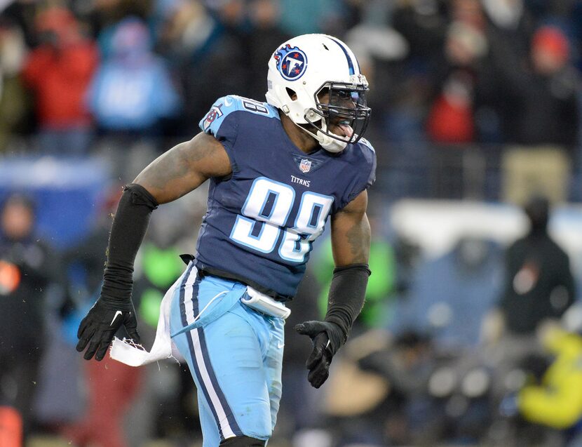 Tennessee Titans outside linebacker Brian Orakpo celebrates after sacking Jacksonville...