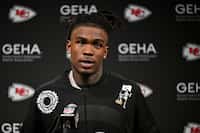 Kansas City Chiefs wide receiver Rashee Rice attends a news conference after an NFL football...