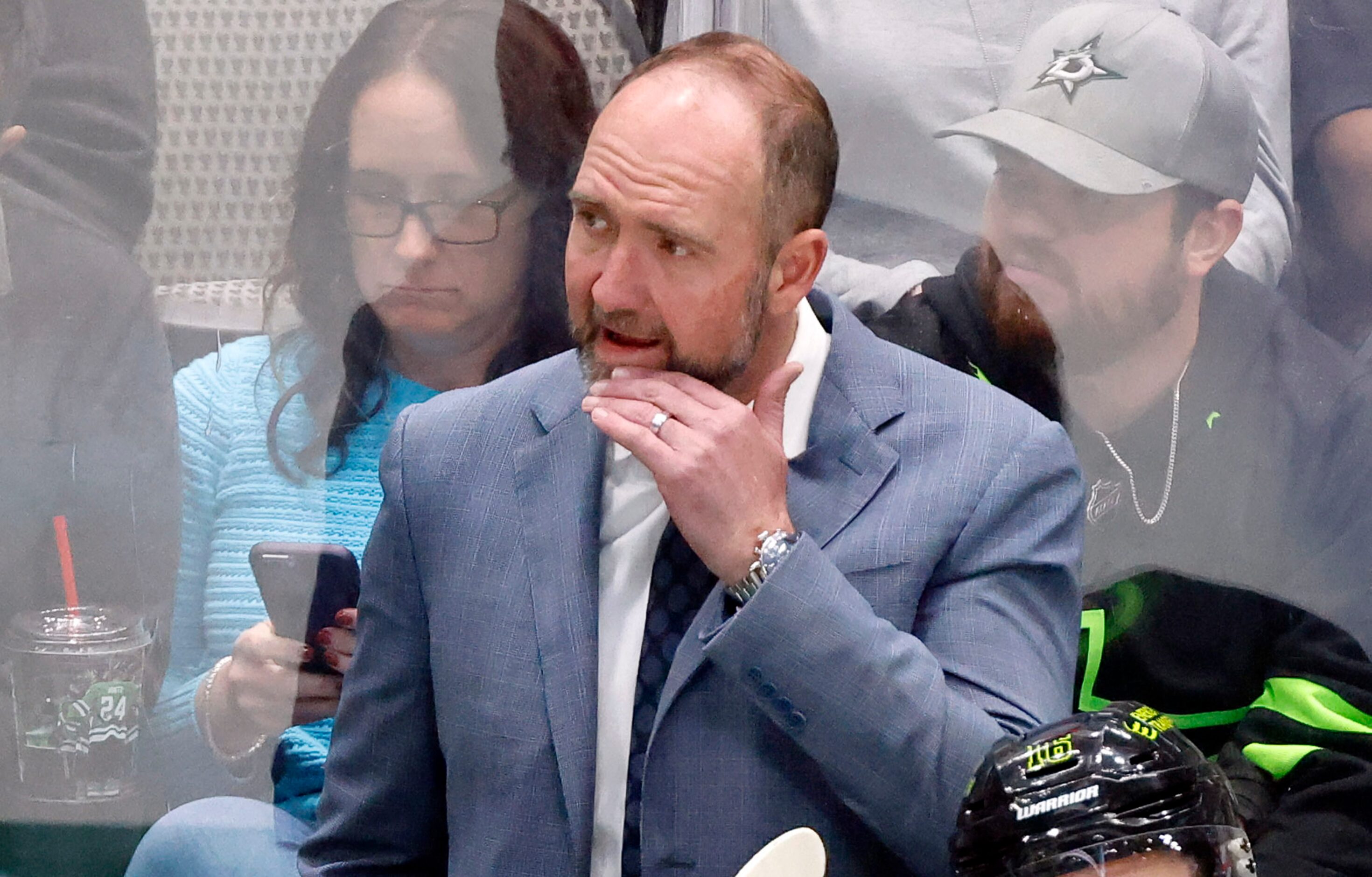 Dallas Stars head coach Pete DeBoer watches as his team faces the St. Louis Blues in the...