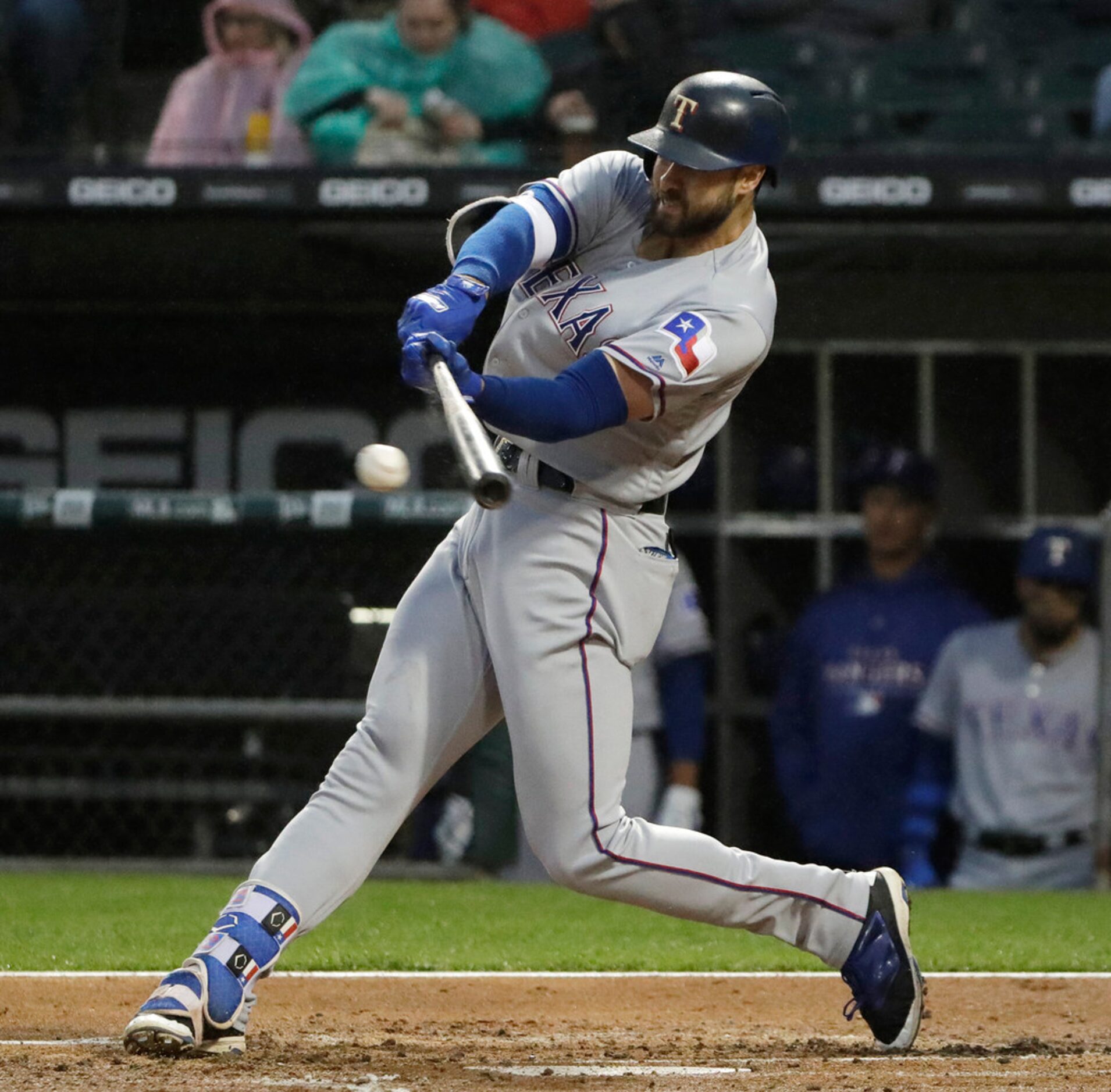 Texas Rangers' Joey Gallo hits an RBI single against the Chicago White Sox during the first...