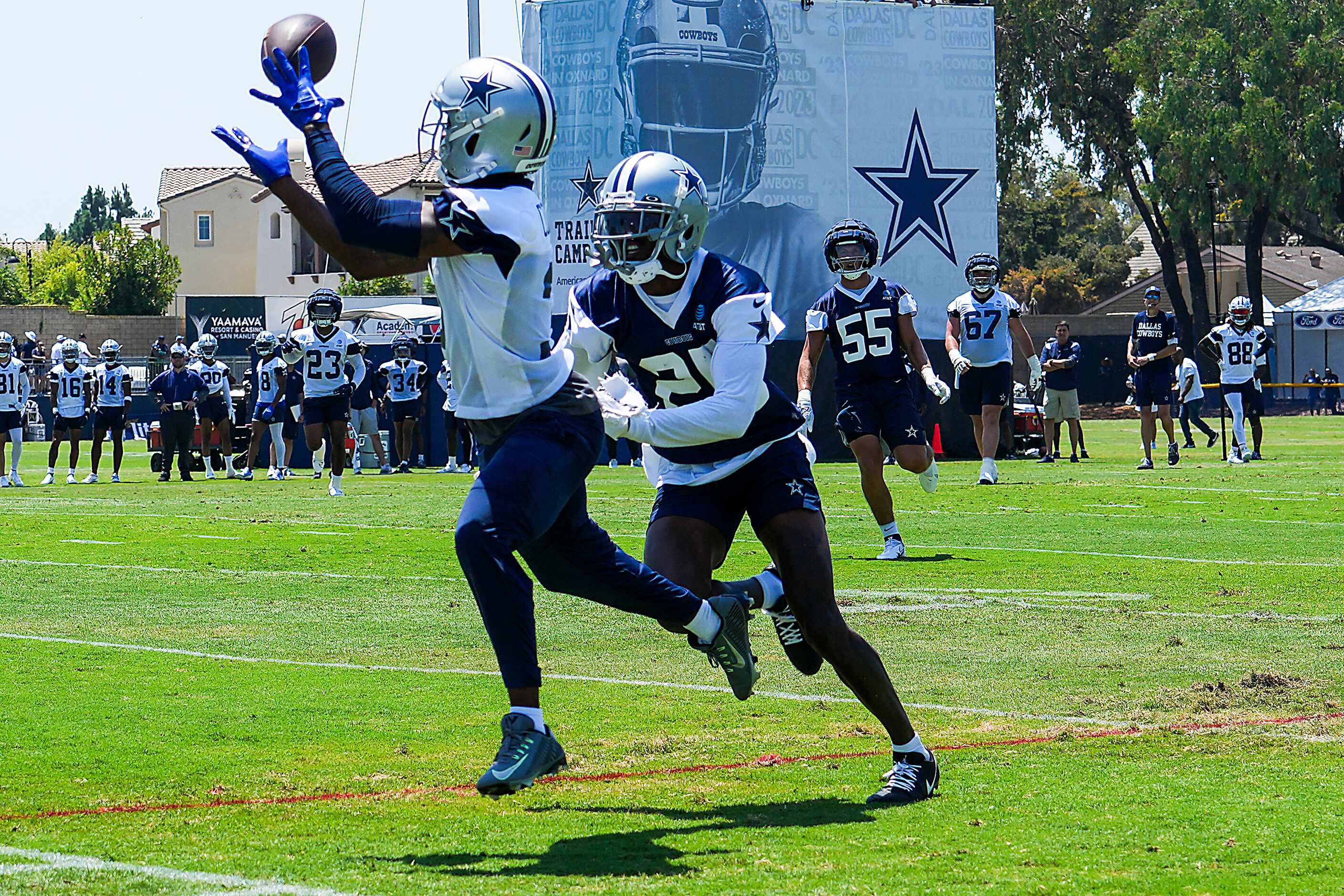 Dallas Cowboys wide receiver Brandin Cooks (3) catches a touchdown pass as cornerback...