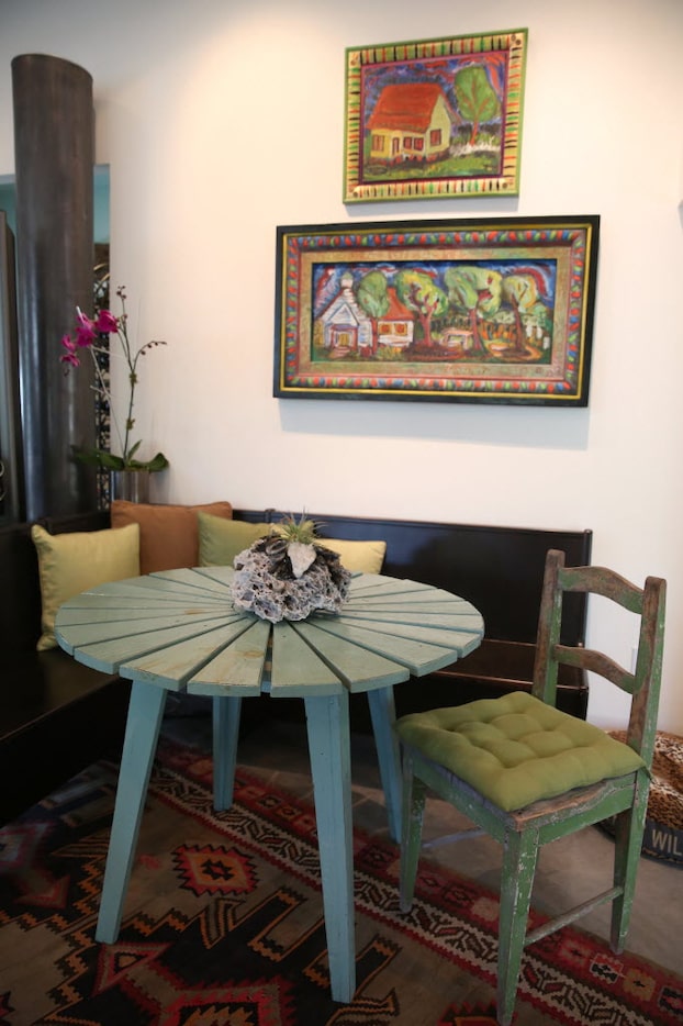 A wood table in a sitting area 