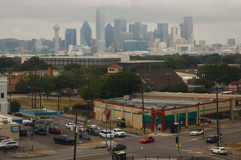 Low clouds develop over the Dallas skyline on Thursday, Sept. 14, 2023.