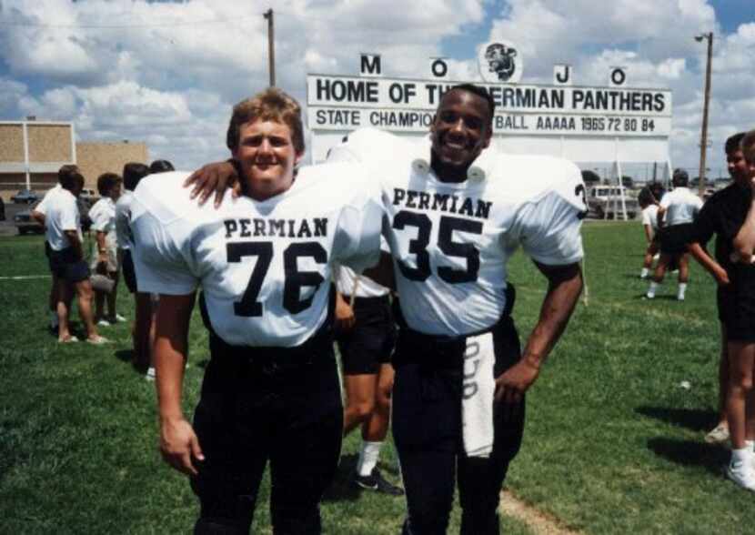 ORG XMIT:  (l-r) Permian football players Jerrod McDougal,# 76 and James Boobie Miles, #35....