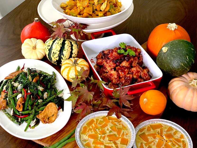 Asian Mint's 2020 Thanksgiving menu includes, clockwise, from top,  golden squash stir fry,...