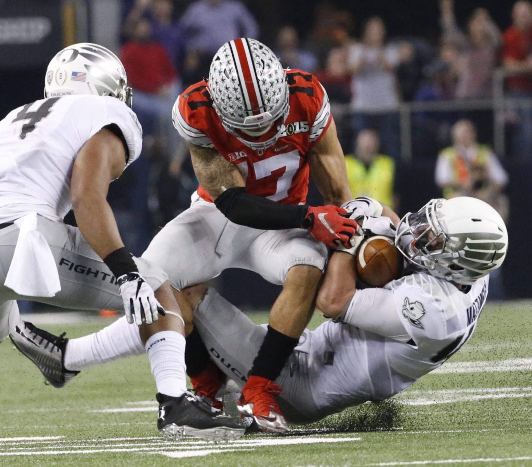 Ohio State Buckeyes running back Jalin Marshall (17) has a pass intercepted in front of him...