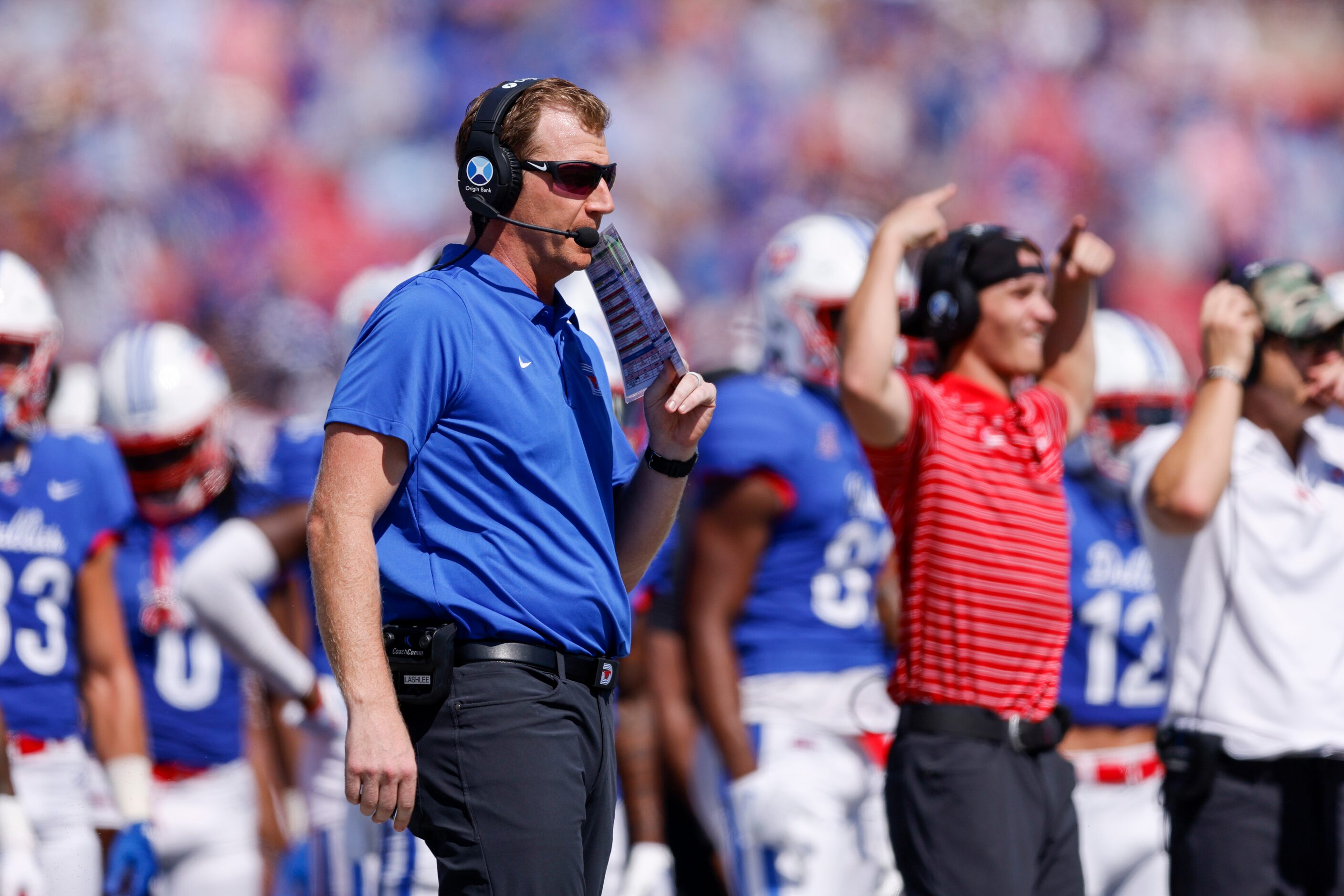 SMU head coach Rhett Lashlee stands on the sideline during the first half of a game against...