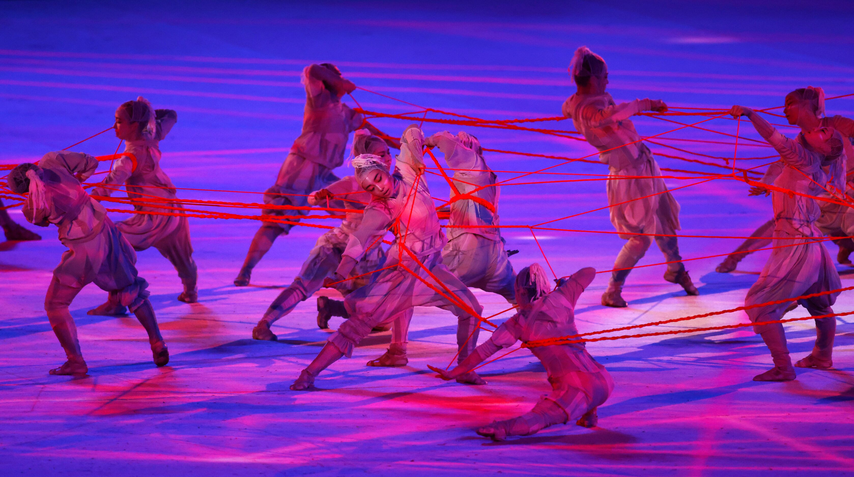 Entertainers performs during the opening ceremony for the postponed 2020 Tokyo Olympics at...