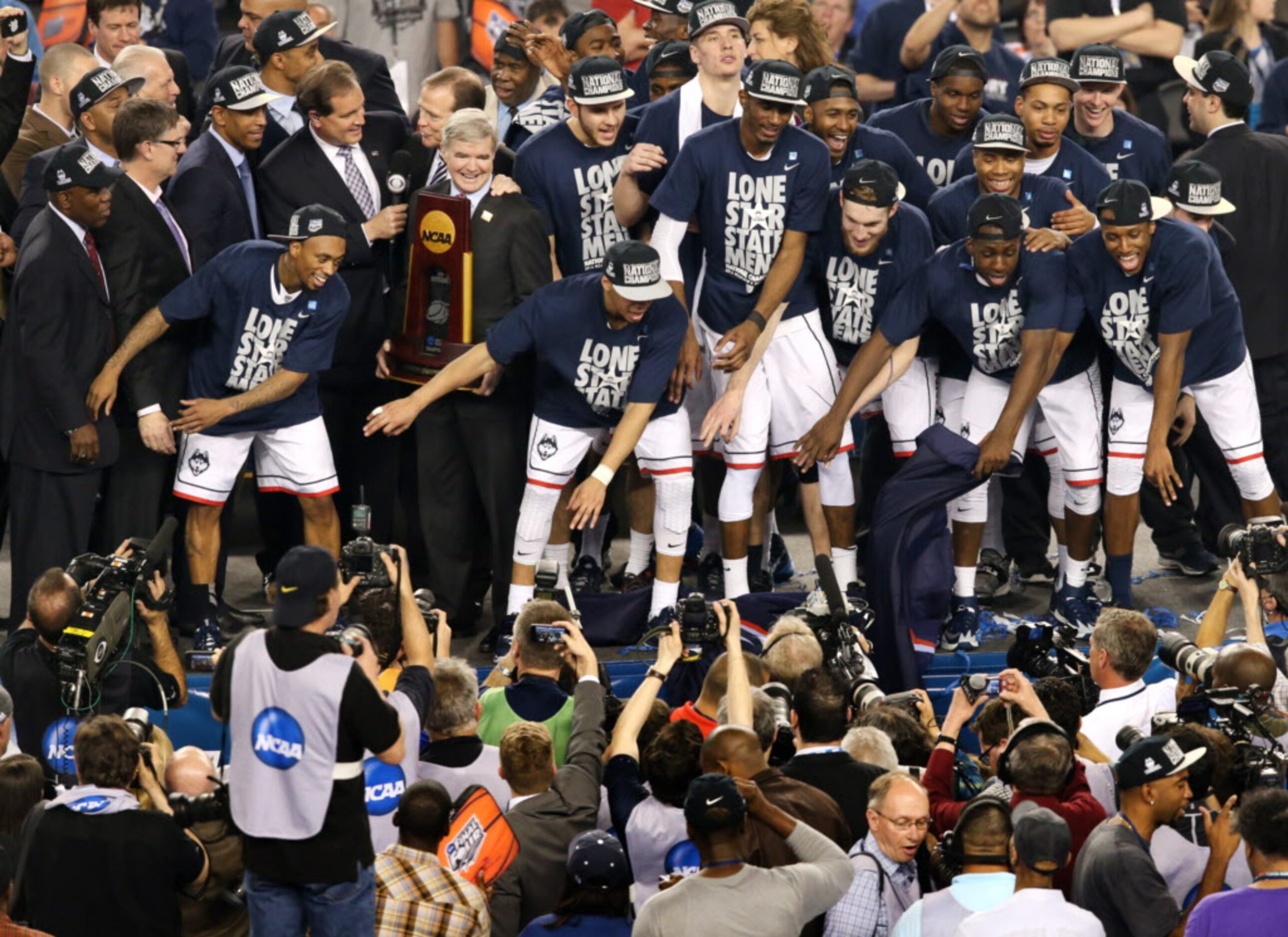 Connecticut Huskies celebrate after winning the NCAA Men's Basketball Championship game...