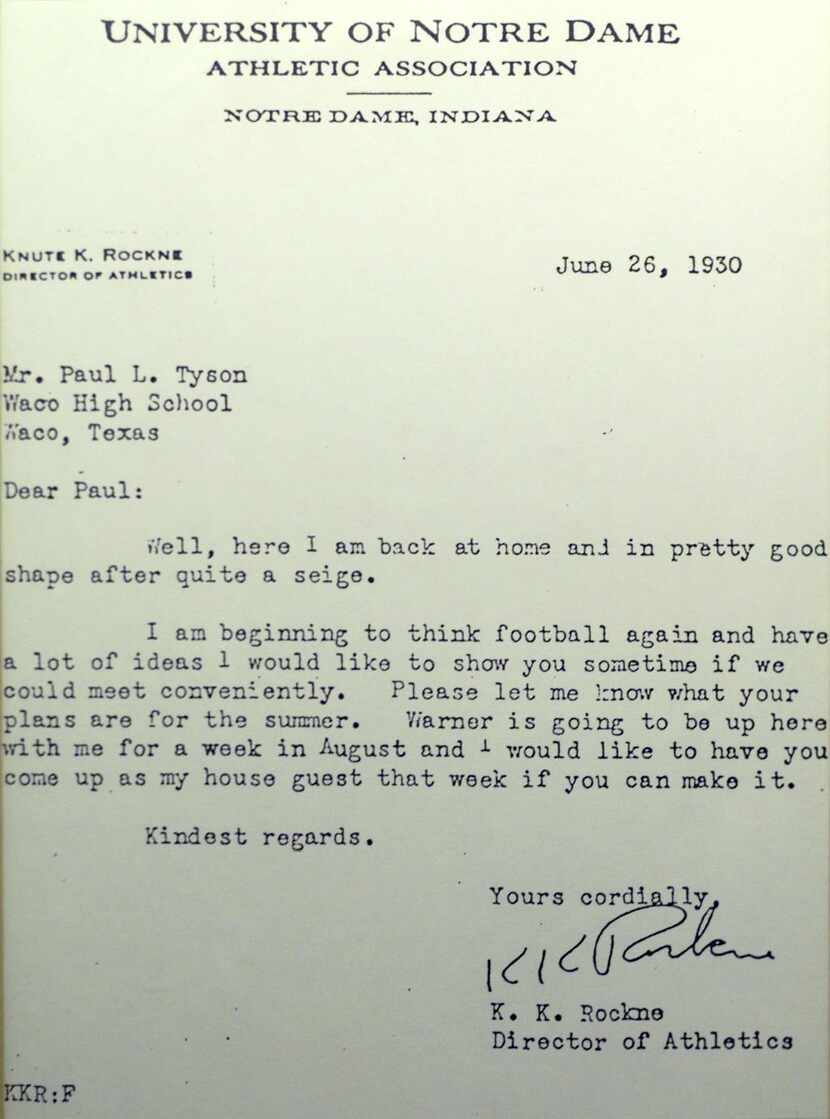 ORG XMIT: S11B0688F Copy photo of letter from Notre Dame coach Knute Rockne to Paul Tyson in...