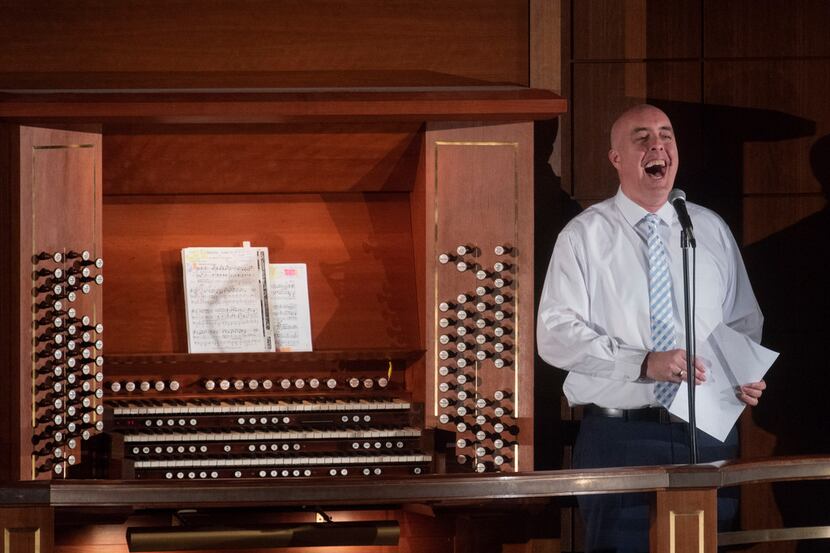 Organist Thomas Heywood was jovial in between pieces as he performed at the Meyerson...