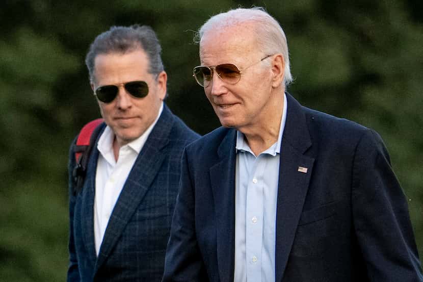 FILE - President Joe Biden, and his son Hunter Biden arrive at Fort McNair, Sunday, June 25,...