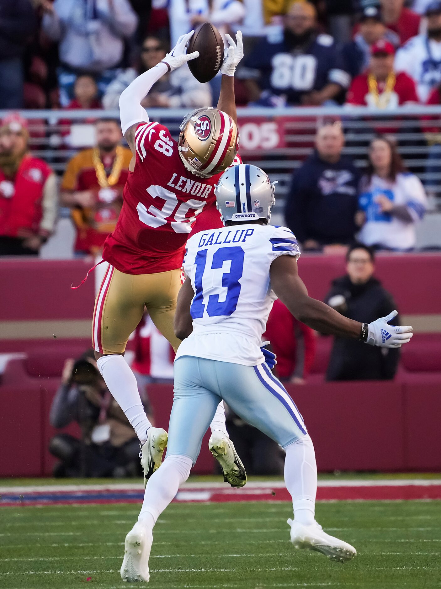 San Francisco 49ers cornerback Deommodore Lenoir (38) intercepts a pass intended for Dallas...