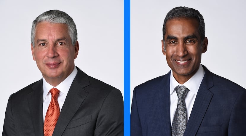 Jacobs CEO Bob Pragada (right) replaced outgoing chief executive Steve Demetriou (left).