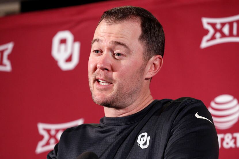 Oklahoma Sooners coach Lincoln Riley speaks with the media during an NCAA college football...