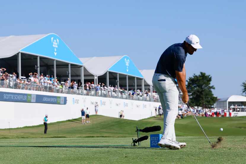 Scottie Scheffler tees off on no. 17 during  AT&T Byron Nelson on Thursday, May 12, 2022 at...