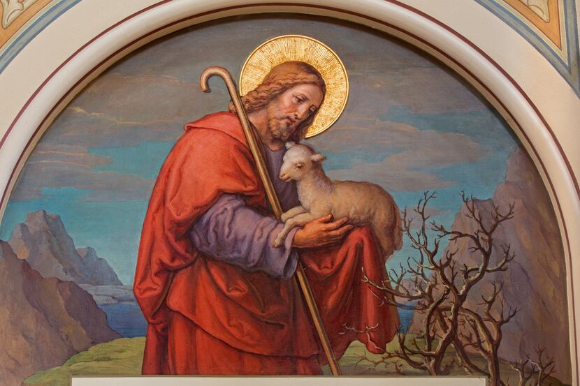 A fresco of Jesus as good shepherd by Josef Kastner is in a Carmelite's church in Dobling,...