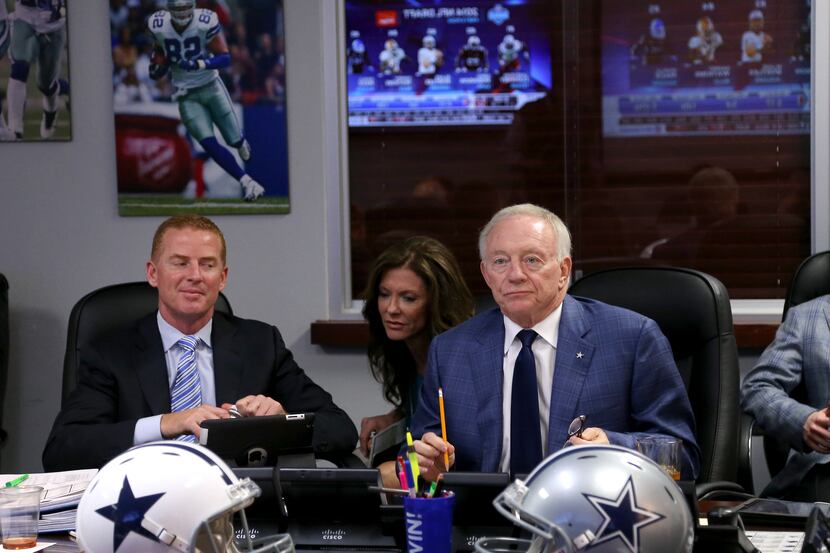 Dallas Cowboys owner Jerry Jones, right, and Head Coach Jason Garrett in the Dallas Cowboys...