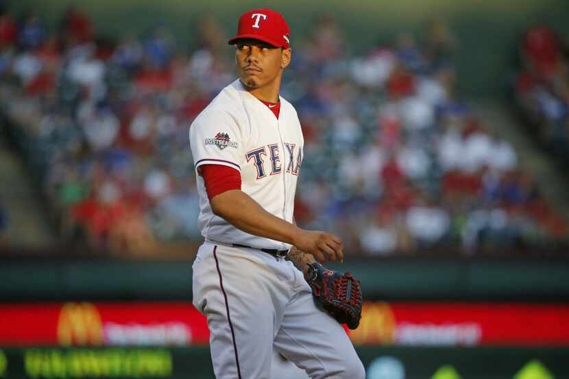 Texas Rangers relief pitcher Keone Kela (50) is pictured during Game 4 of the ALDS between...