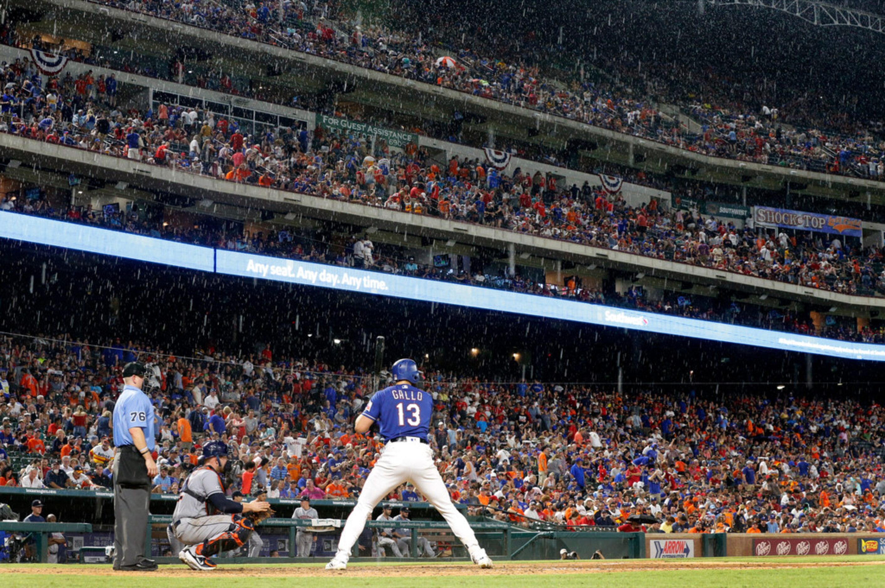 Texas Rangers center fielder Joey Gallo (13) waits on a pitch from the Houston Astros as...