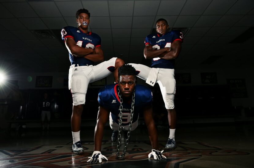 Ryan High School's Delano Robinson, Kaelin Murray and Thomas Wilson III, Friday, August 12,...